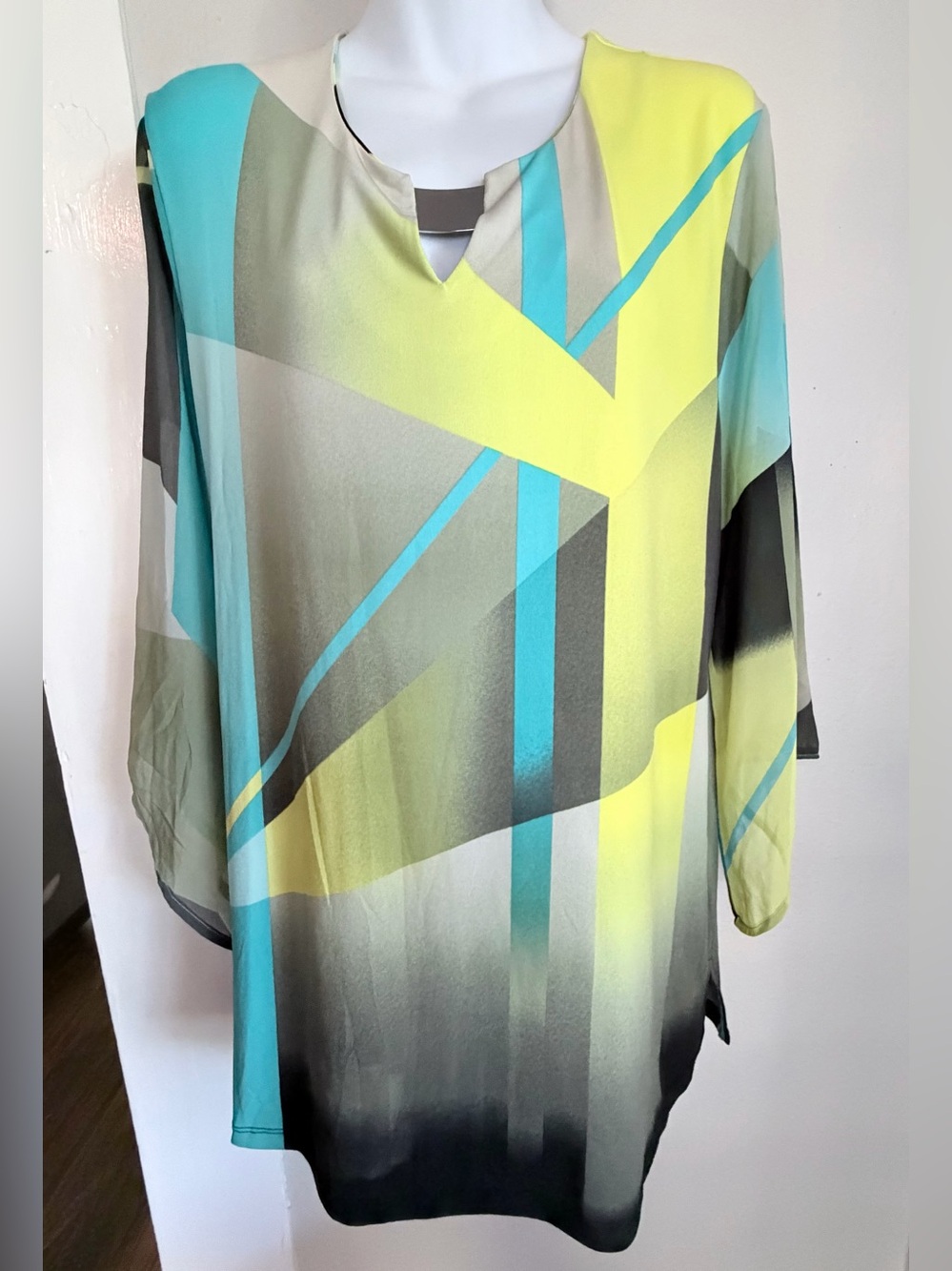 JM Collection Yellow Black Geometric Print Tunic Blouse Large